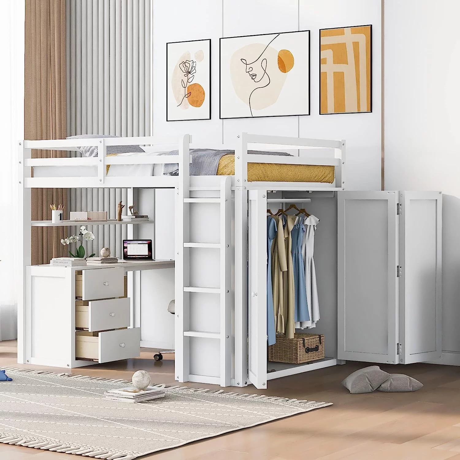 Momspeace Full Size Loft Bed with Wardrobe, Wood Loft Bed Frame with Desk 3 Storage Drawers Shelf Space Saving Platform Bed - White