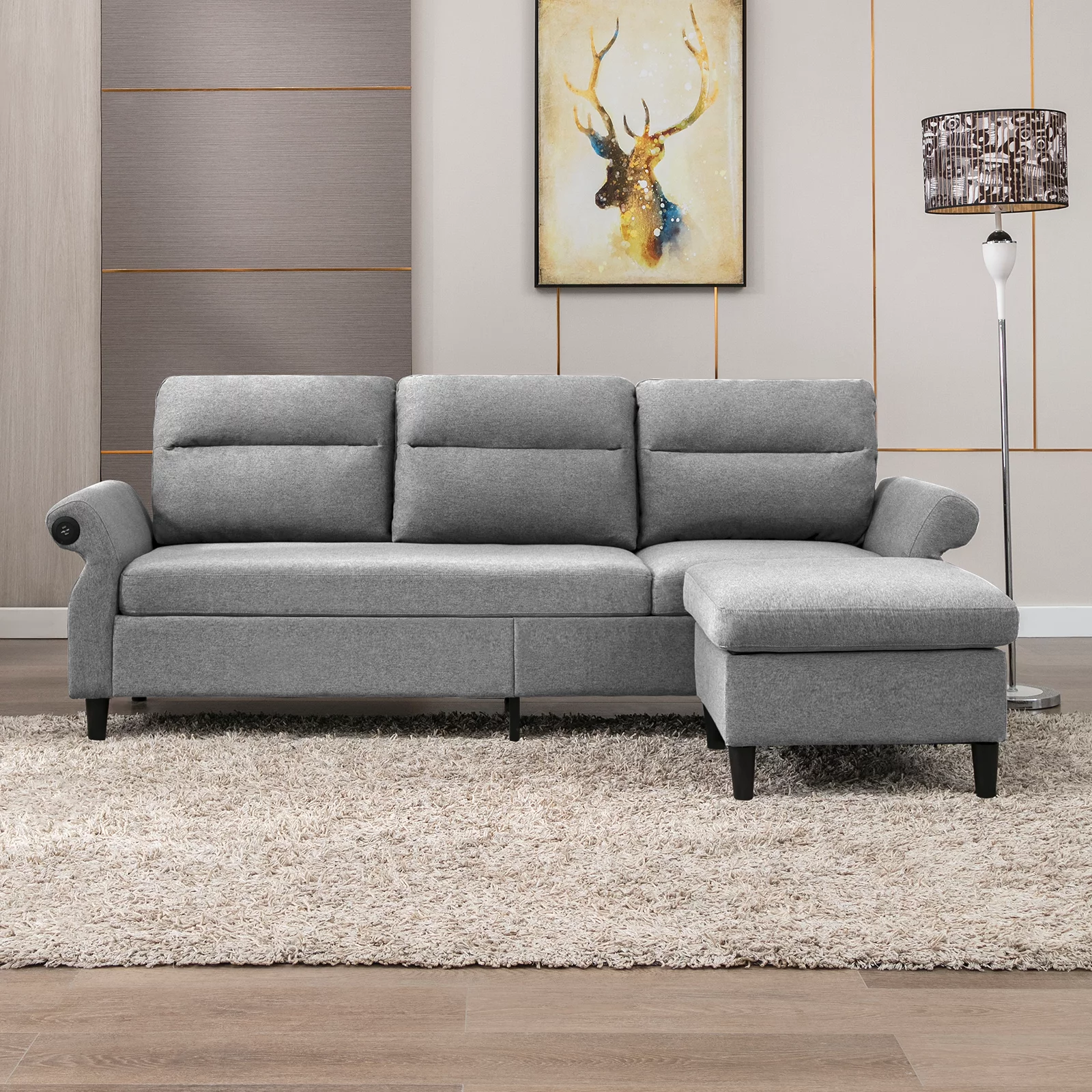 Mjkone Modern 88" W Convertible Sectional Sofa Couch with 2 USB Ports and Adjustable Armres,3 Seat L-Shape Sofa Couch with,Ottoman for Living Room