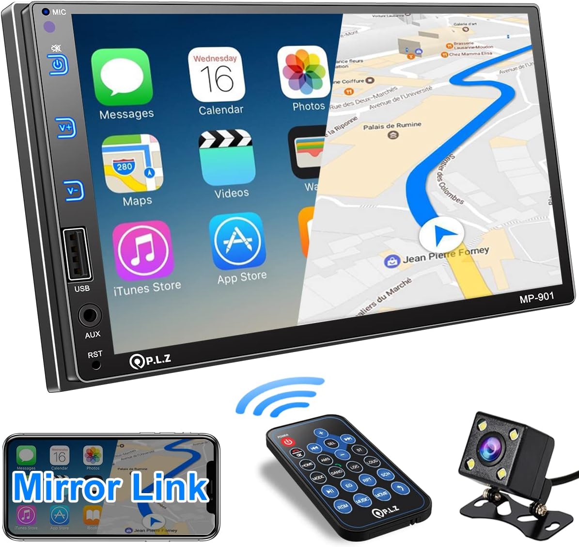 PLZ MP-901 Double Din Bluetooth Car Stereo-7 Inch HD Capacitive Touchscreen Car Audio Player with Mirror Link, Backup Camera, Steering Wheel Control