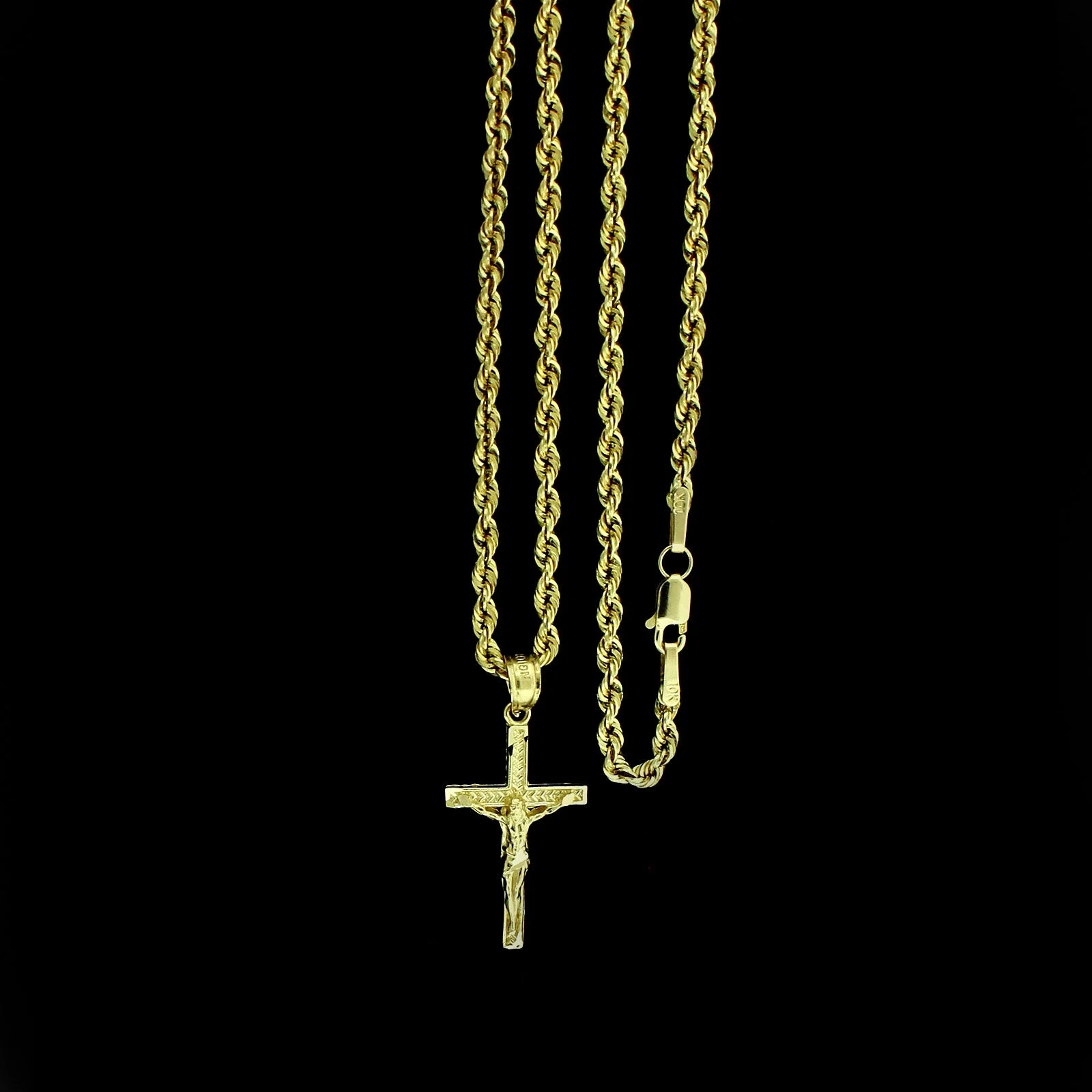 Real 10K Yellow Gold Jesus Cross Charm Pendant Diamond Cut & 2mm Rope Chain