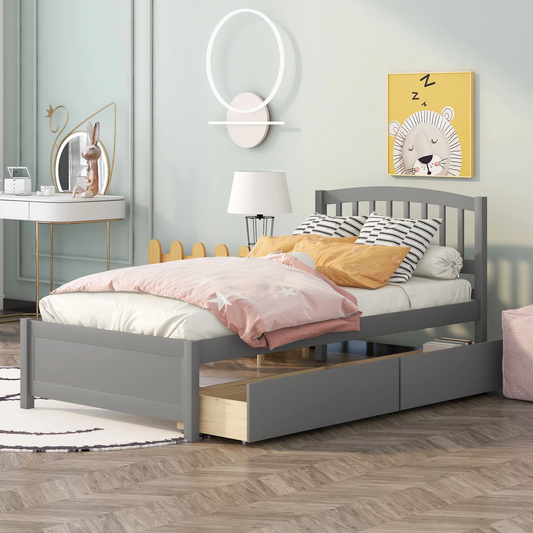 Bellemave Twin Bed Frame with 2 Storage Drawers, Wood Platform Beds with Headboard, Modern Kids Storage Bed (Grey)