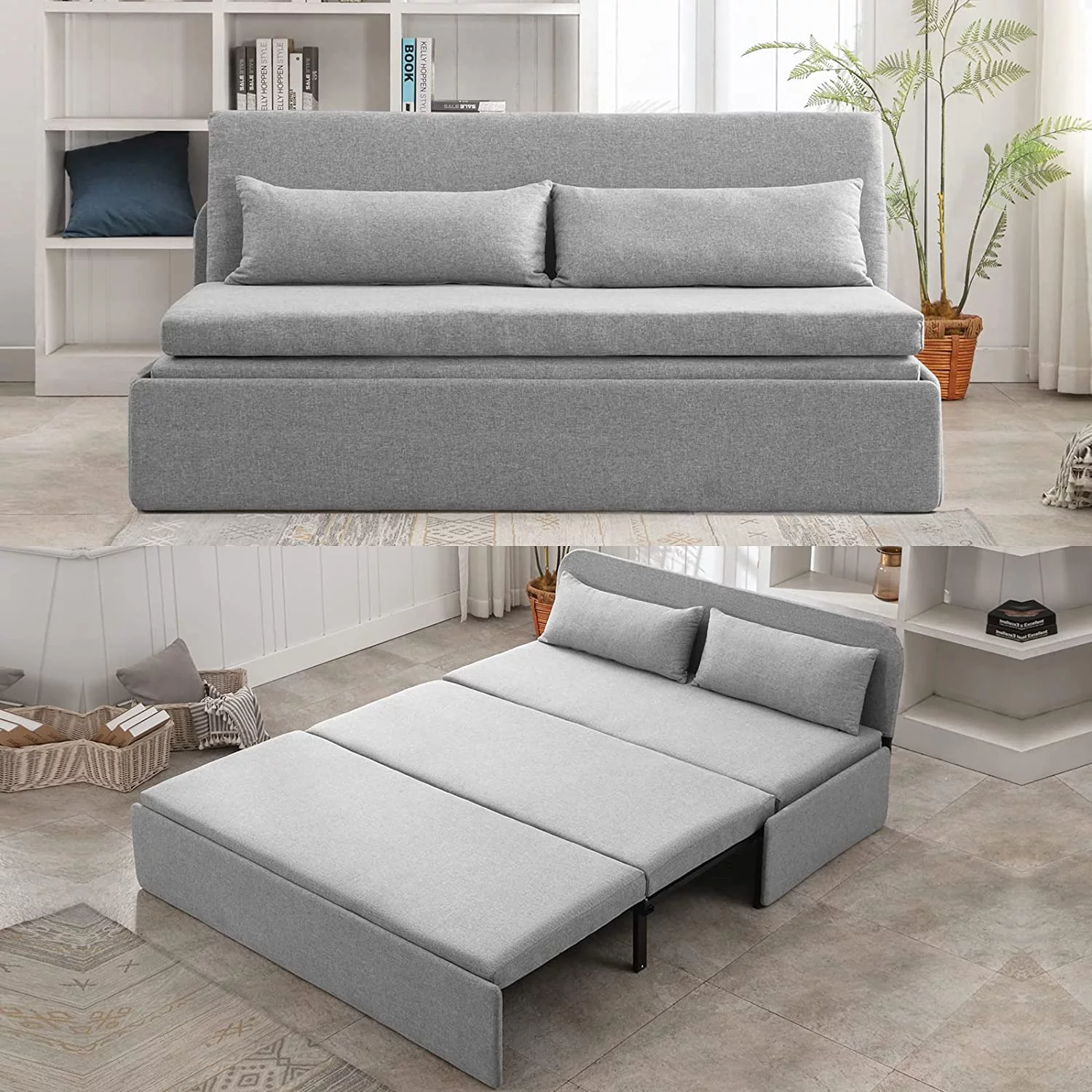 Mjkone Queen Size Convertible Sofa Bed, Modern Pull Out Linen Sleeper Sofa Couch