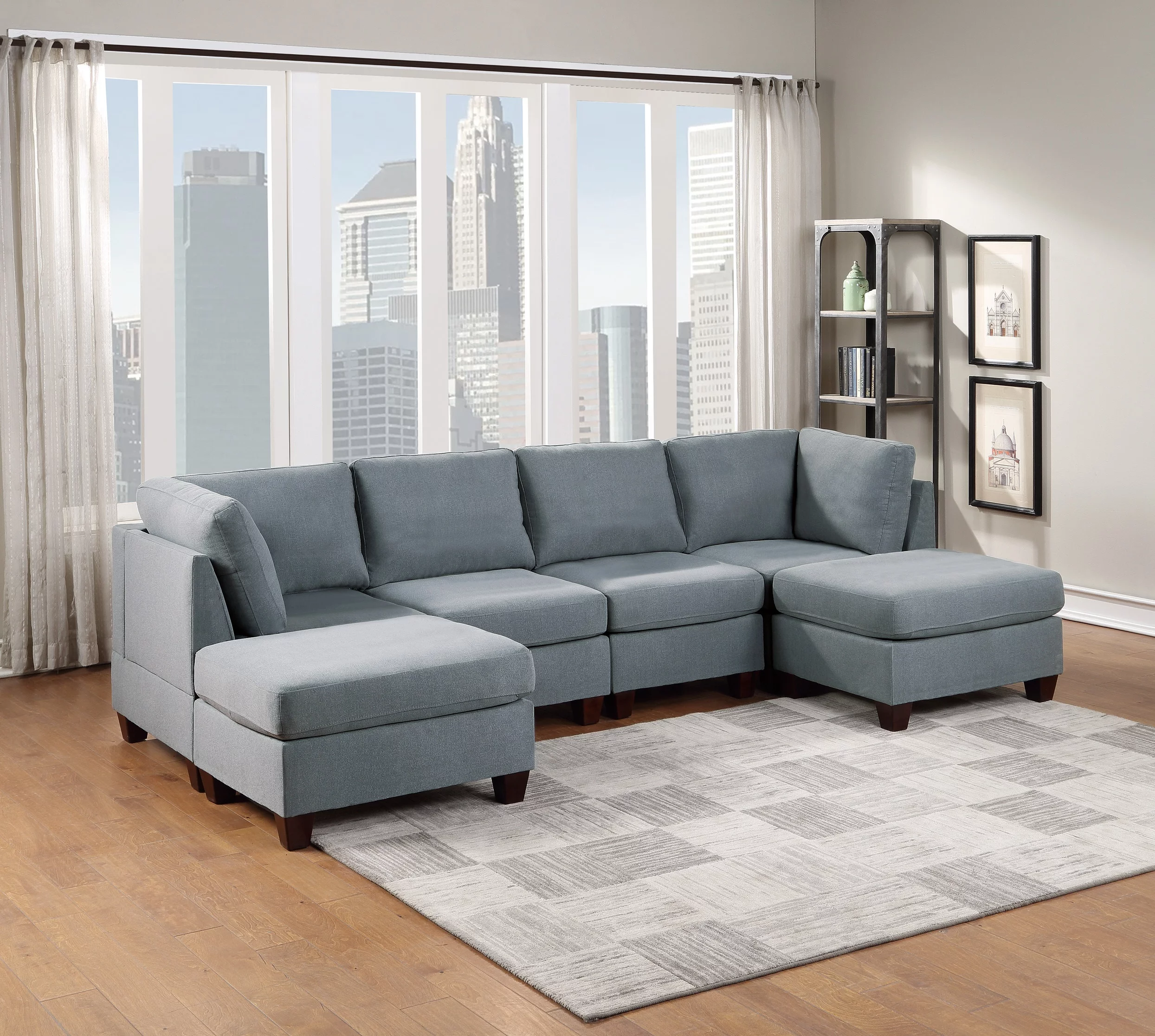 CoSoTower Modular Sectional 6Pc Set Living Room Furniture U-Sectional Couch Grey Linen Like Fabric 2X Corner Wedge 2X Armless Chairs and 2X Ottomans