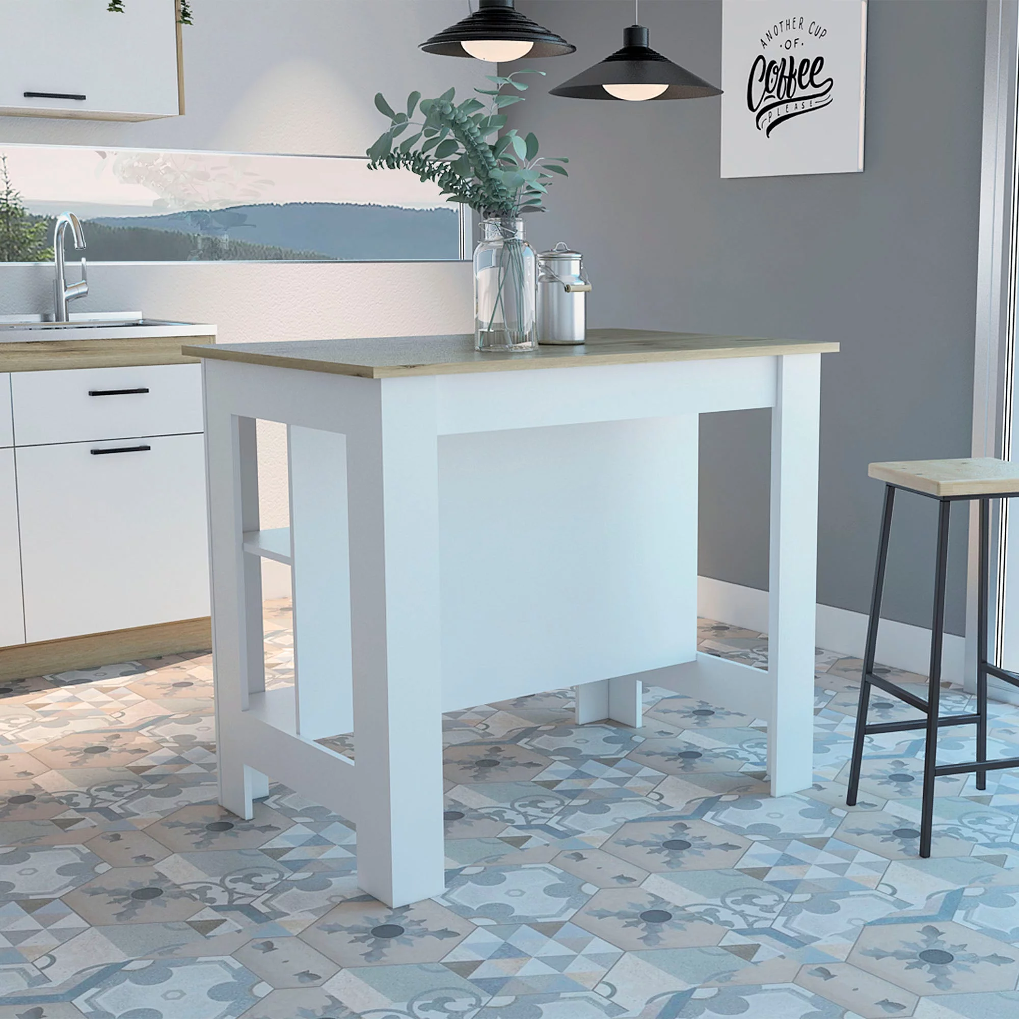 Boahaus Le Havre White Painted Kitchen Island, Wood Tabletop