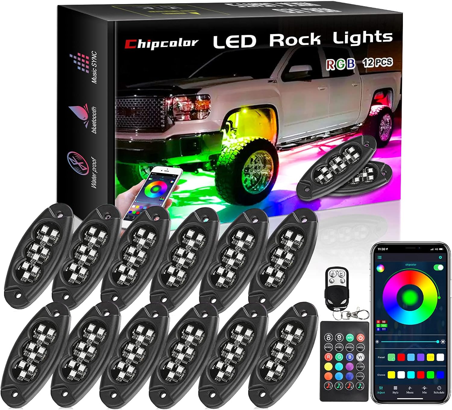 Chipcolor 12 Pods LED Rock Lights Kit