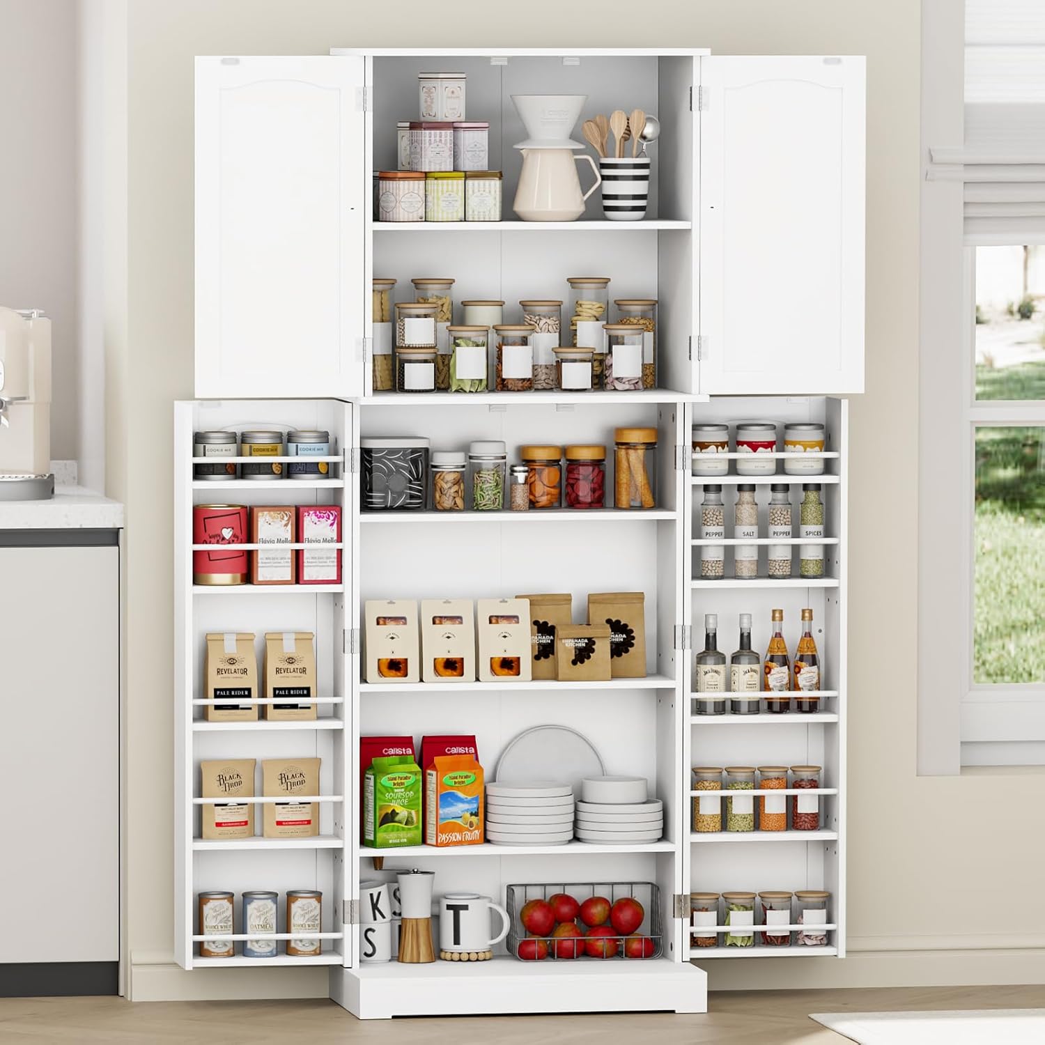HOME BI 64" Kitchen Pantry Cabinet, Tall Freestanding Pantry Storage Cabinet, Food Pantry Cabinets with Doors and Shelves for Home Kitchen