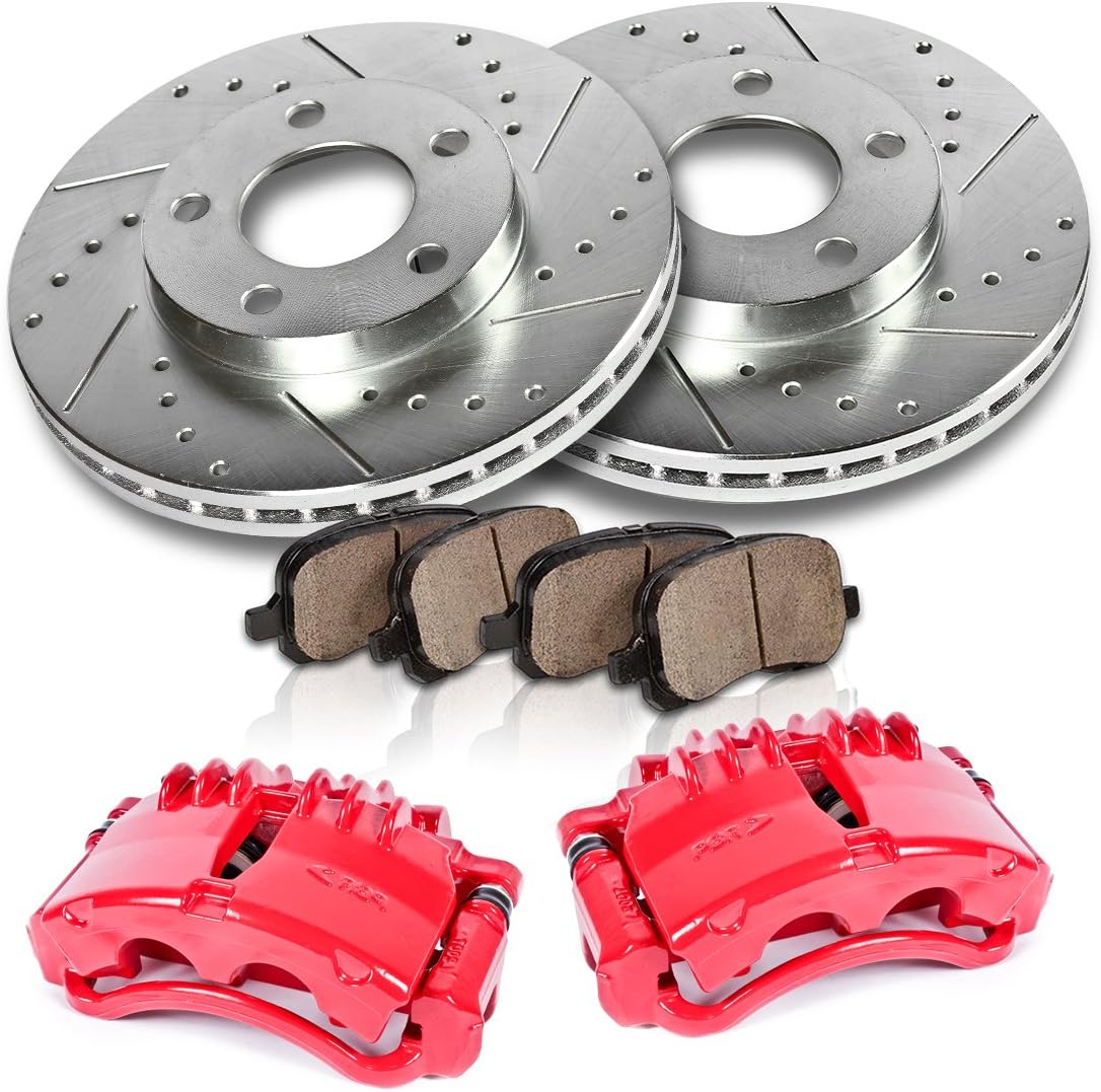 Callahan CCK12287 FRONT Powder Coated Red [2] Calipers + [2] Rotors + Quiet Low Dust [4] Ceramic Pads Performance Kit [ SN95 ]