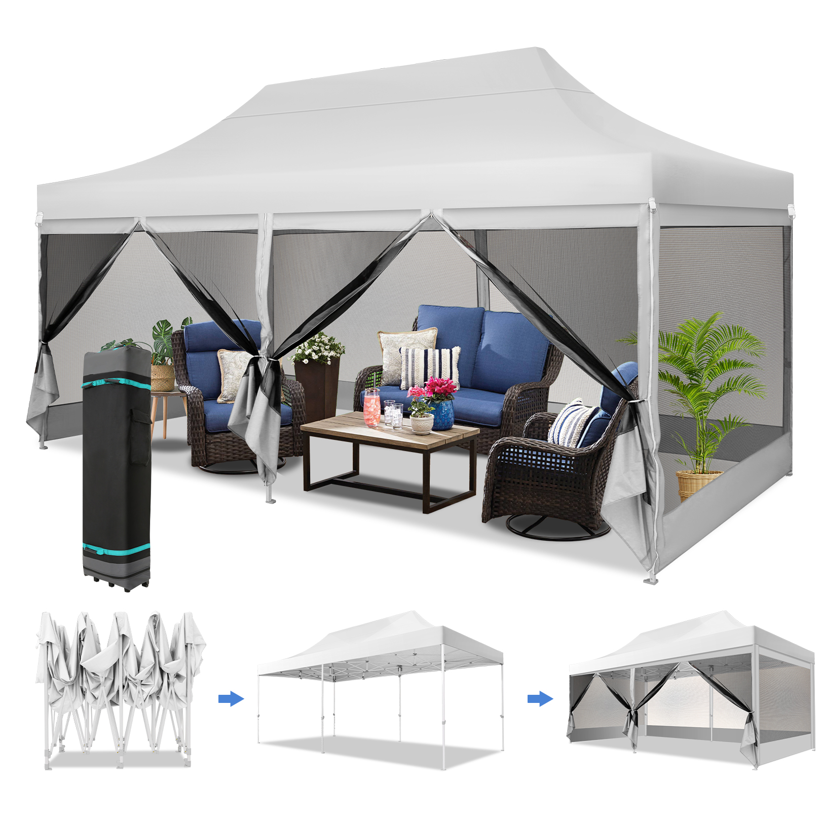 SANOPY 10' x 20' Gazebo Tent EZ Pop up Canopy Party Outdoor Instant Gazebo Shelter with 6 Removable Mosquito Side Walls & Carry Bag for Camping