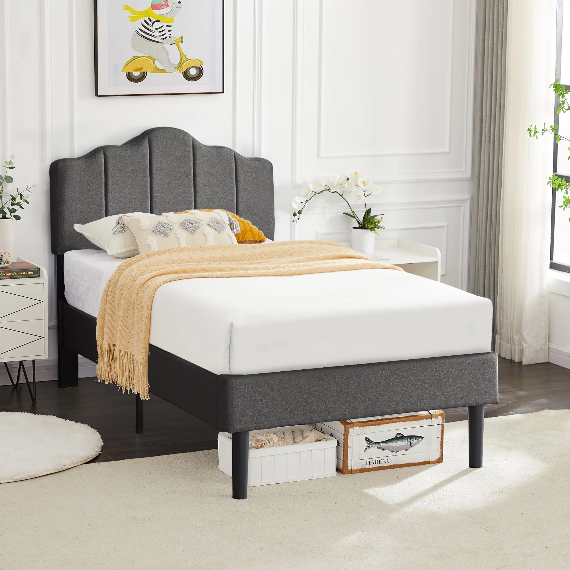 VECELO Twin Size Bed with Adjustable Headboard, Modern Upholstered Platform Bed Frame for Bedroom, No Spring Box Need, Dark Grey
