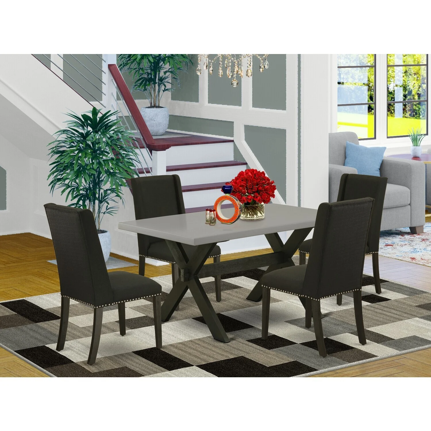 HomeStock Mediterranean Mingle 5-Pc Dining Table Set Included 4 Dining Chair And Rectangular Dining Dining Table With Cement Color Kitchen Table Top