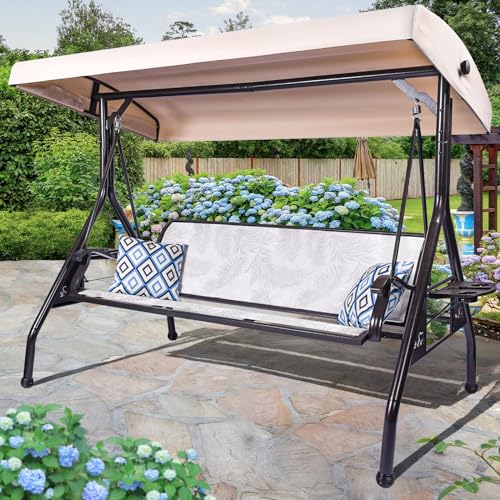 3 Person Patio Swing Outdoor Swing for Adults with Adjustable Canopy &Upgraded Cup Holders Textilene Fabric Porch Swing Chair with Stand Heavy Duty