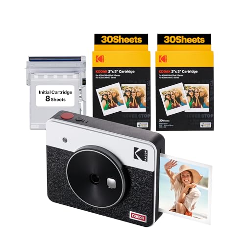 KODAK Mini Shot 3 Retro 4PASS 2-in-1 Instant Digital Camera and Photo Printer (3x3 inches) + 60 Sheets Cartridge Bundle, White