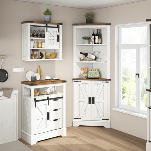 AMERLIFE 68" Tall Corner Cabinet, Farmhouse Corner Cabinet with Barn Door Design,Wall Corner Cabinet with Adjustable Shelves for Bathroom