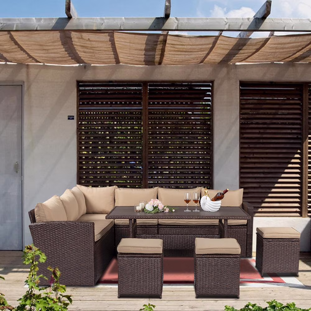 Zimtown 8PCS Wicker Rattan Couch Conversation Set Brown, Patio Dining Set, Rattan Furniture, Module Sofa Set for Garden, Yard