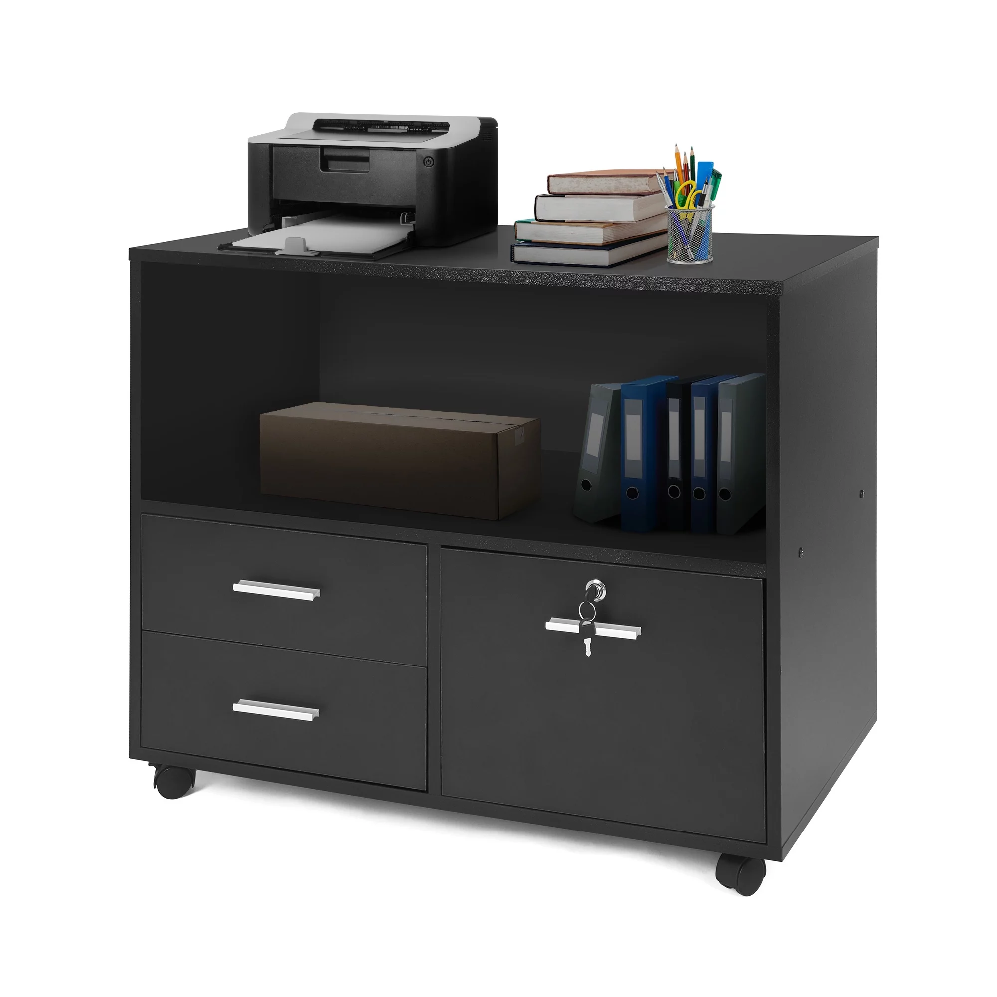 Karmas Product Wood File Cabinet with Lock 3 Drawer Large Mobile Lateral Filing Cabinet with Rolling Wheel Printer Stand with Open Storage Shelves