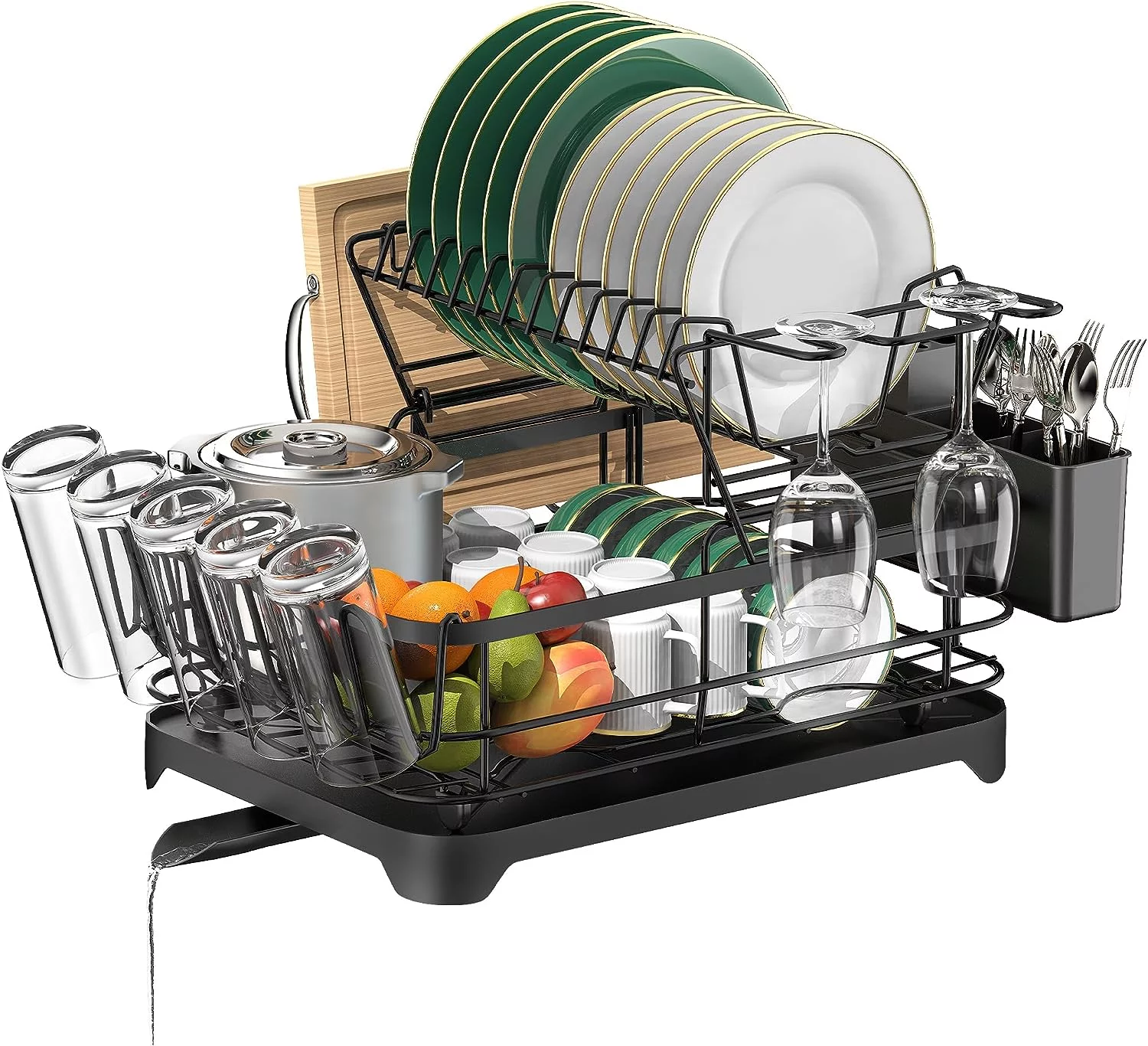 Rottogoon Large Dish Drying Rack, 2-Tier Stainless Steel for Kitchen Counter, Durable Dish Drainer with Drainboard