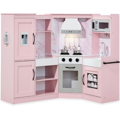 Best Choice Products Pretend Play Corner Kitchen, Ultimate Interactive Wooden Kids Playset w/Lights & Sounds, Ice Maker, Hood - Pink