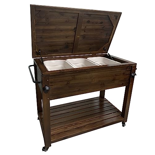 Wooden Patio Cooler with Wheels, Handles and Bottle Opener, Ice Chest with Shelf, Portable Beverage Drink Rolling Cart for Outdoor, Backyard, Garden