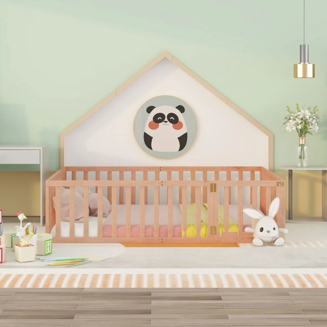 Natural Queen Size Wood Floor Bed Frame with Fence and Door