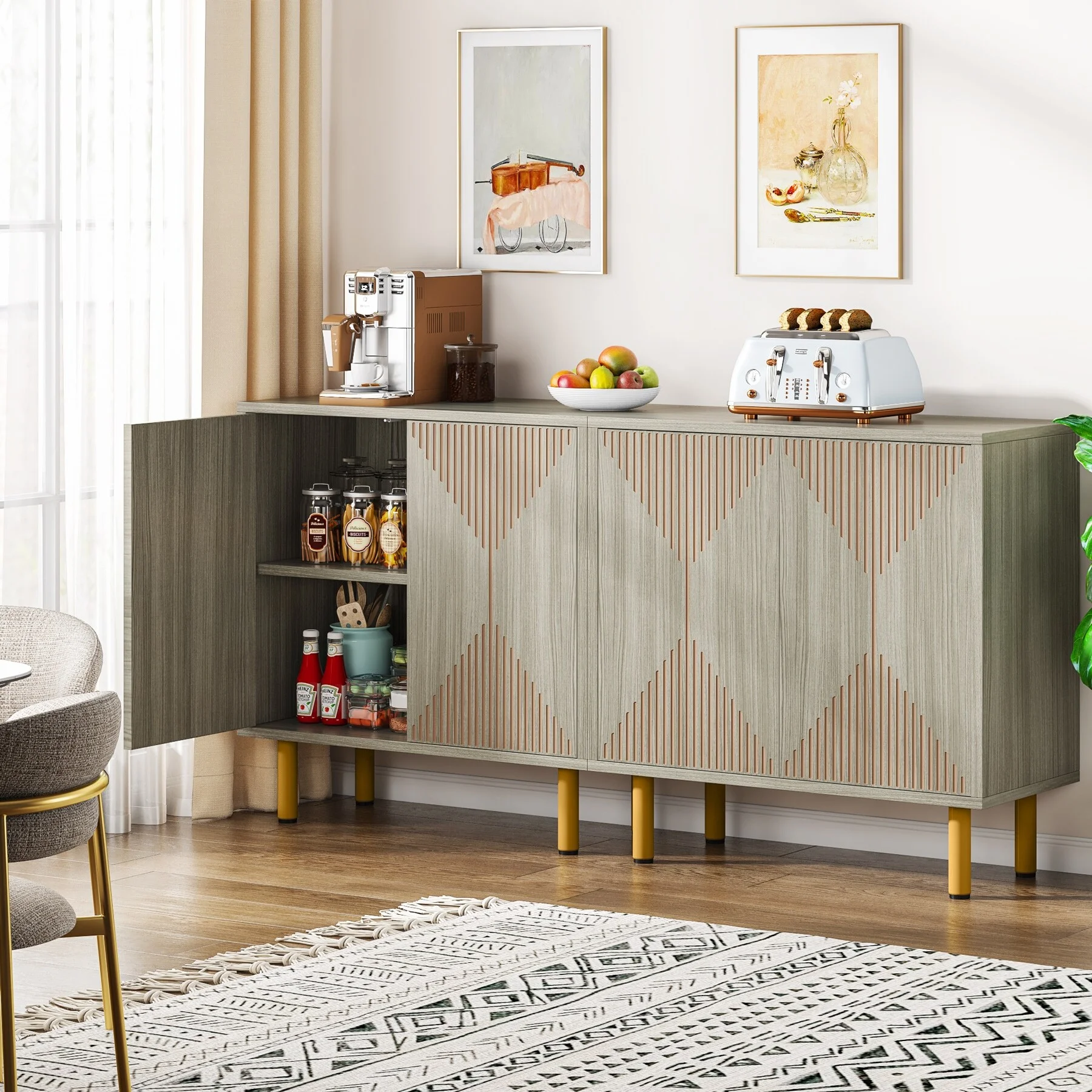 58 In Sideboard Buffet Cabinet with Doors Freestanding Storage Cabinet Grey