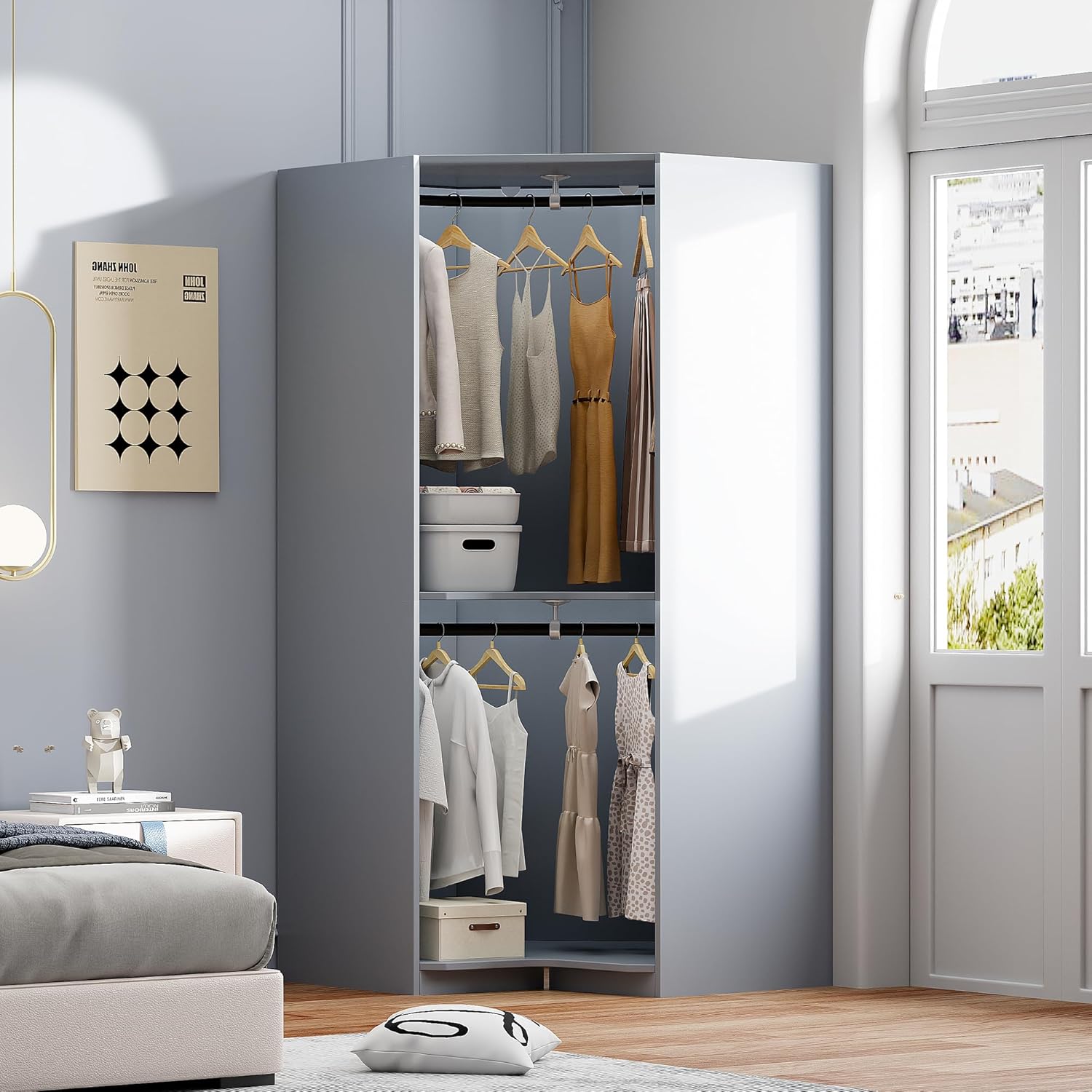 Armoir Wardrobe Closet & Cabinet - Functional Clothes Storage with Hanging Rail, Wooden Corner ArmoireWardrobe Freestanding for Bedroom, Locker Room