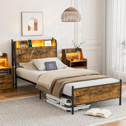Queen Bed Frame with LED Lights and Charging Station, Queen Platform Bed with Storage Shelf Headboard, Strong Metal Slats Support