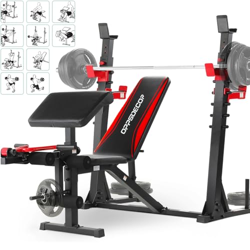 OPPSDECOR Professional Weight Bench Set with Barbell/Squat Rack, 900LBS Heavy Duty Bench Press Set with Leg Curl/Extension and Preacher Curl