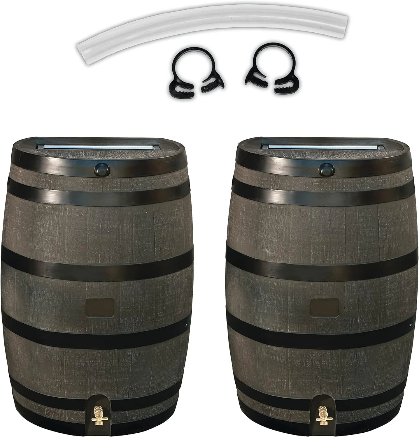 RTS Home Accents 50 Gallon Flat Back Rain Barrel With Kit, Woodgrain With Black Stripes (2 Pack) - Curated Treasures Market