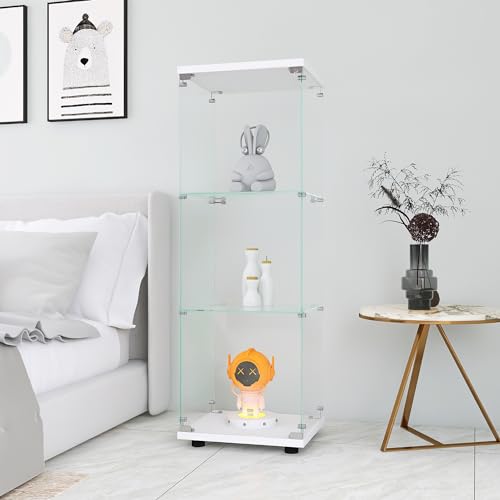 Glass Display Cabinet with 3 Shelves, One-Door Curio Cabinets for Living Room, Bedroom, Office, White Floor Standing Glass Bookshelf