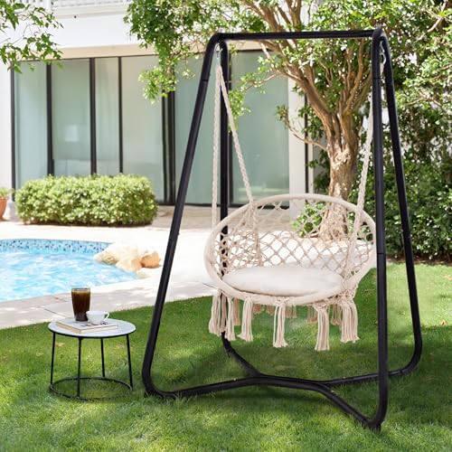 SUNCREAT Hammock Chair with Stand Included, Heavy Duty Hanging Chair with Stand, 330 lbs Capacity, Patent Pending, Grey
