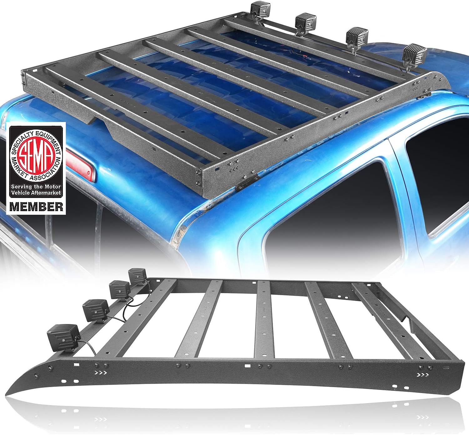 Hooke Road Tacoma Top Roof Rack Cargo Carrier w/4x18W LED Lights for 2/3 Gen Tacoma 2005-2022 (4-Doors Double Cab only)