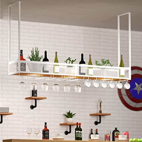 Hanging Wine Rack - Ceiling Wine Bottle Rack, Upside Down Wine Glass Holder, 1-layer Wrought Iron Shelving, Modern Wooden Wall Shelf