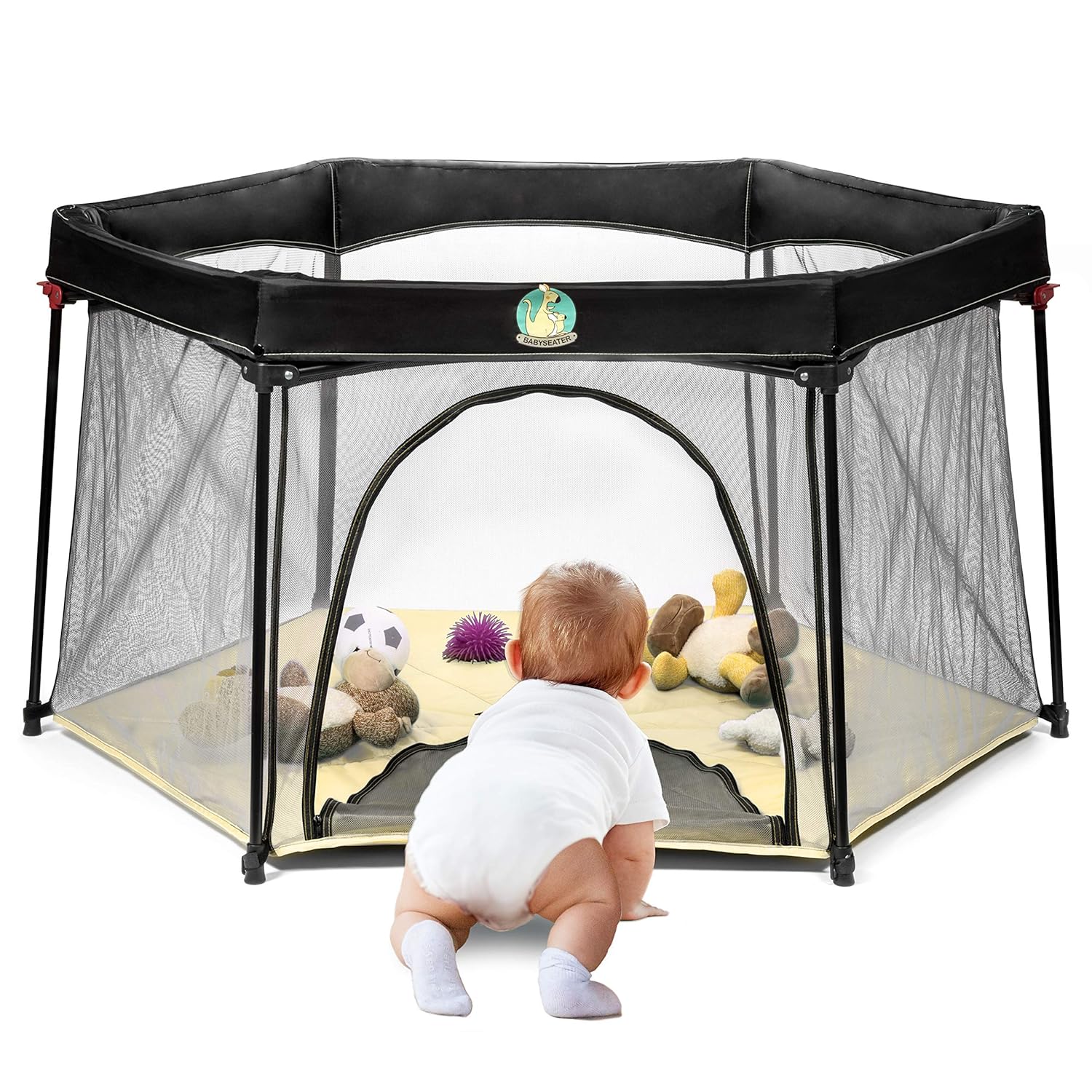 Portable Playard Play Pen for Infants and Babies - Lightweight Mesh Baby Playpen with Carrying Case - Easily Opens with 1 Hand (Turquoise)