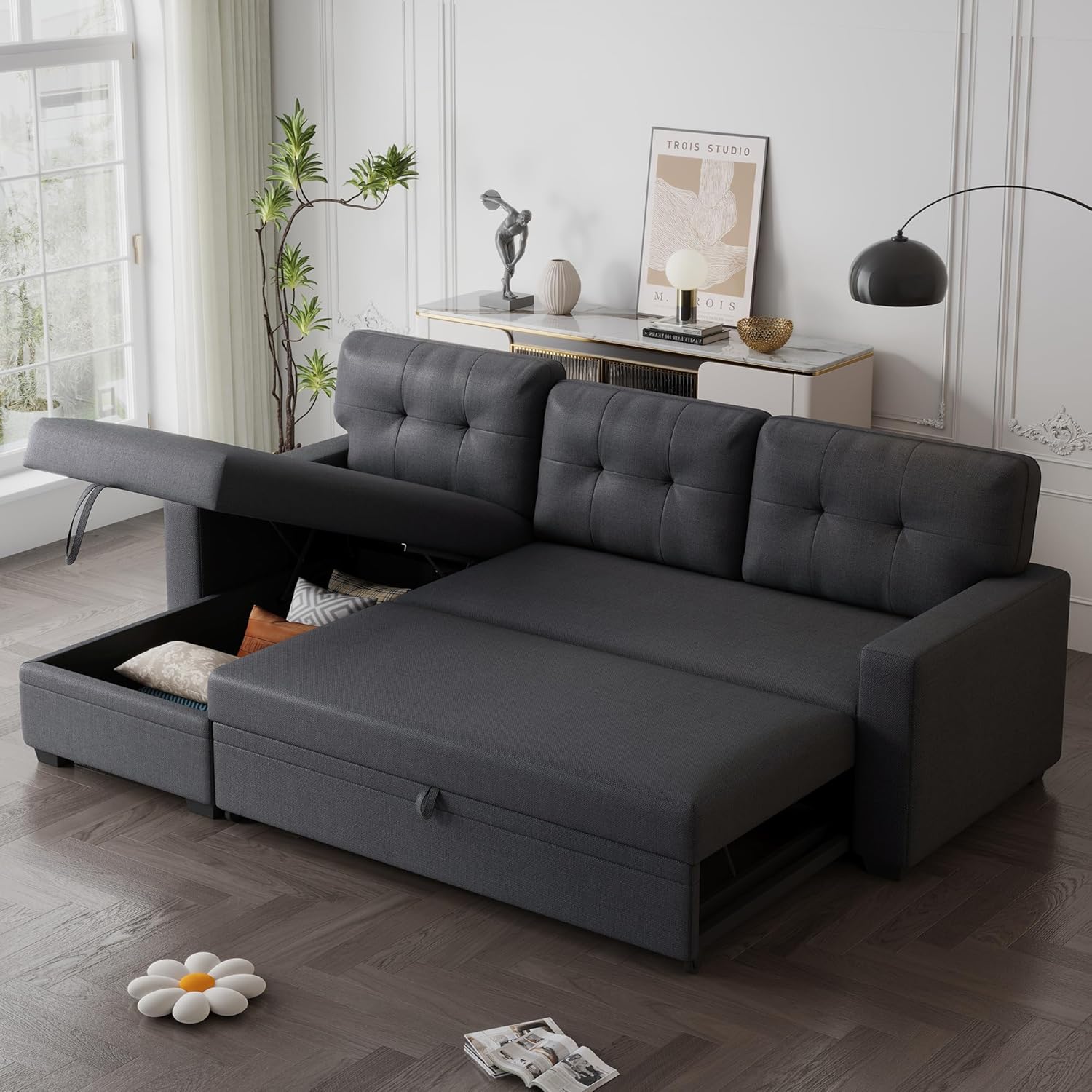 82" Upholstered Pull Out Sofa Bed with Storage Chaise,Linen Reversible Couch W/Tufted Backrest