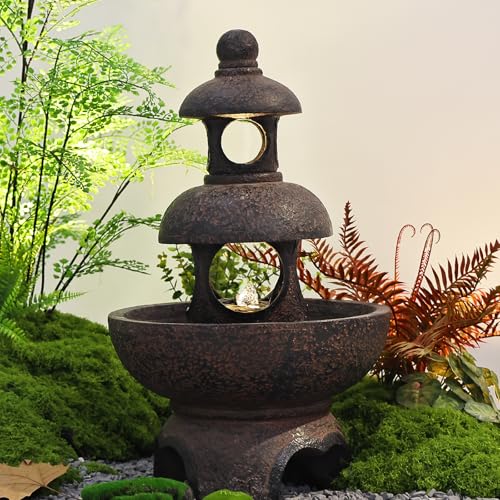 Outdoor Garden Water Fountain - Modern Tranquil Zen Pagoda Waterfalls Fountains Bowl with LED Lights & Pump for Patio Yard Porch Pool Decor, Gray