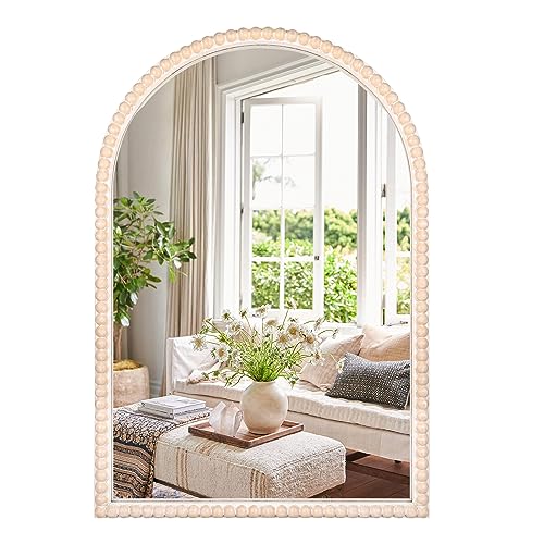 24"x36" Arch Wall Mirror Wooden Framed with White Wooden Beads, Modern Rustic Distressed Hanging Wall Mirror for Entryway