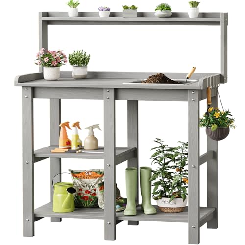 Potting Bench, Outdoor Potting Bench Table with Removable Sink, HDPS Potting Benches for Outside, Garden Table with Storage Shelves & 4 Side Hooks