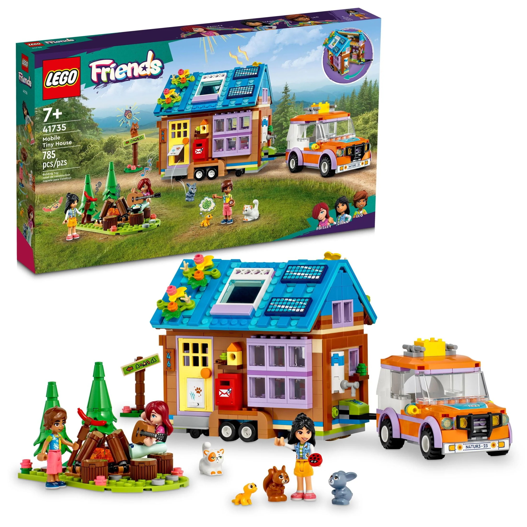 LEGO Friends Mobile Tiny House 41735, Forest Camping Dollhouse Pretend Play Set with Toy Car, Includes Leo & Liann Friendship Mini-Dolls