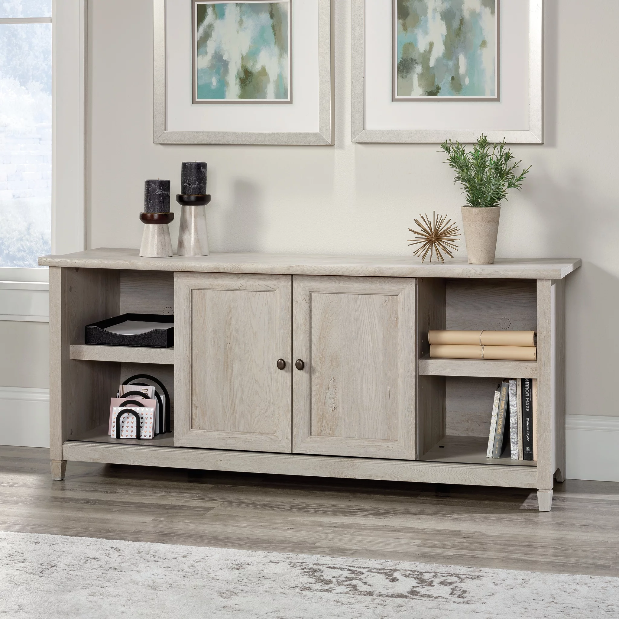 Sauder Edge Water TV Stand with Shelves & Sliding Doors, for TVs up to 65", Chalked Chestnut Finish