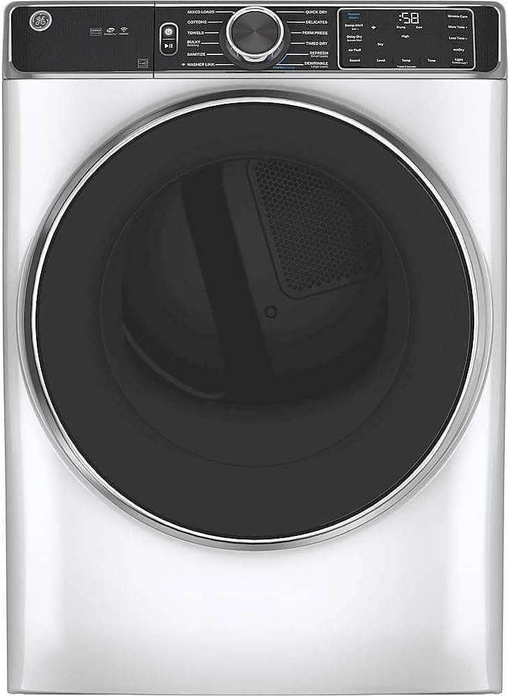 GE GFD85GSSNWW 28" Front Load Gas Dryer with 7.8 cu. ft. Capacity Stainless Steel Drum Built-in WiFi Sanitize Cycle and Damp Alert in White