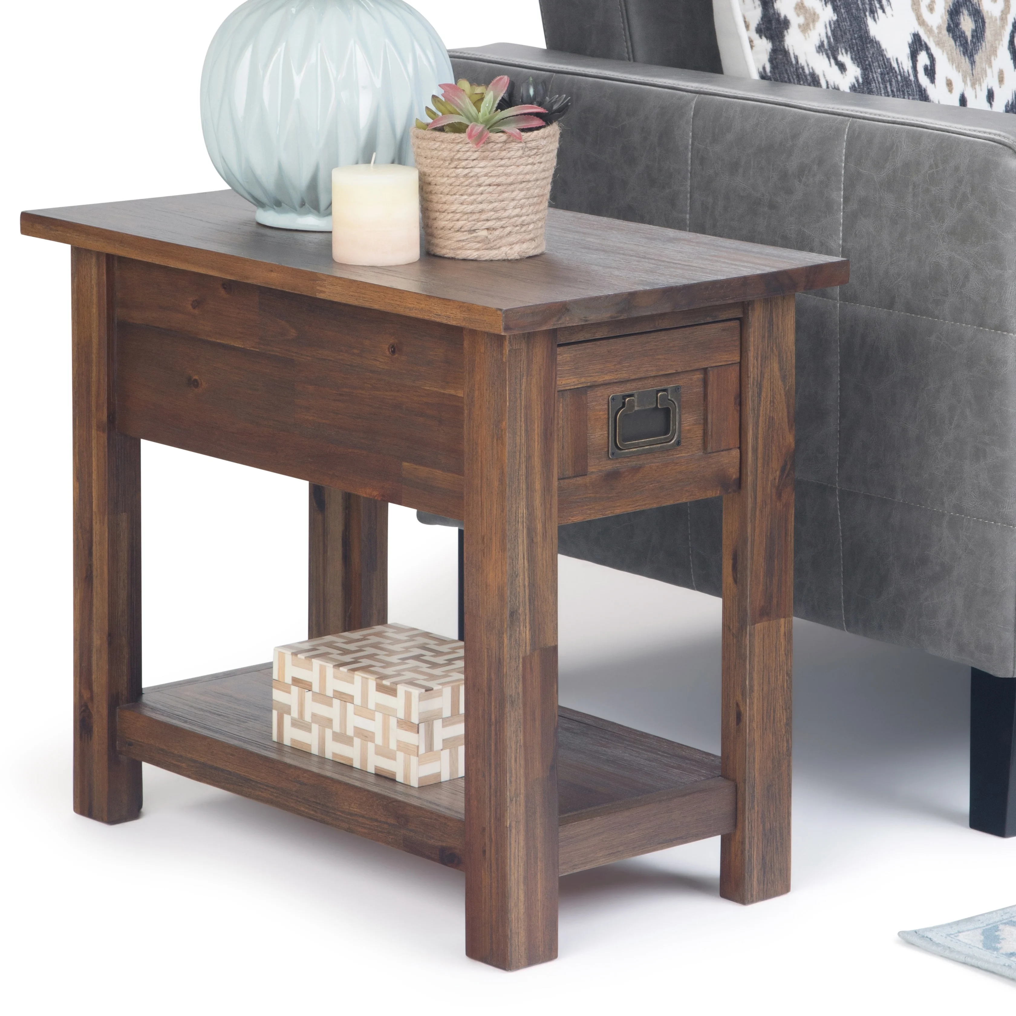 WyndenHall  Garret SOLID ACACIA WOOD 14 inch Wide Rectangle Rustic Narrow Side Table - 14" W x 24" D x 20" H Distressed Charcoal Brown Stained, Wood