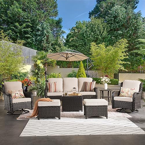 Patio Furniture Outdoor Furniture All Weather Wicker 7 Pieces Conversation Set with Swivel Rocking Chairs Matching Side Table,High Back Sofa