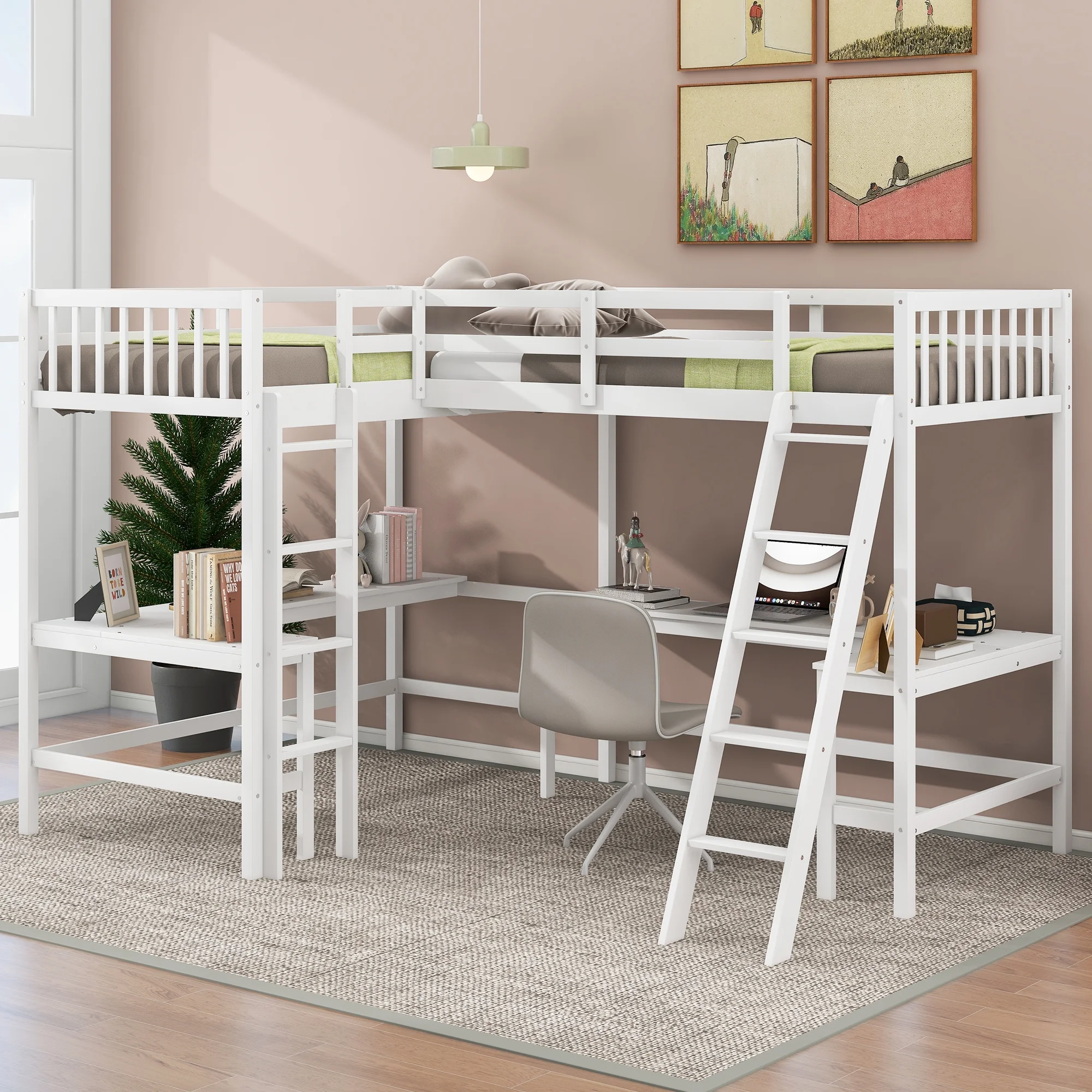 Euroco Twin Size L-Shaped Wood Loft Bed with Built-in Desks, 2-in-1 Loft Bed for Kids Teens Adults, White