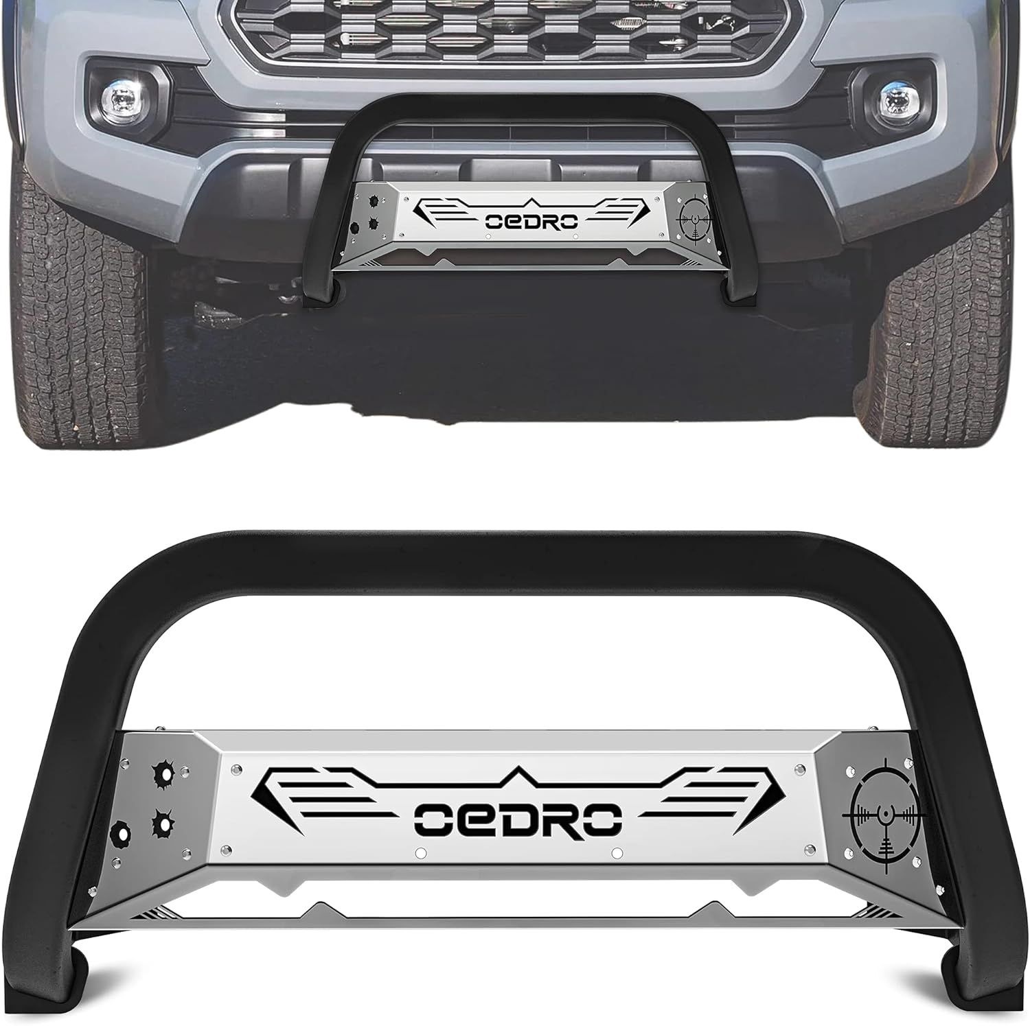 oEdRo Bull Bar Fits 2016-2022 Toyota Tacoma, Pickup Front Bumper Guard Textured Black, w/Red and Black Skid Plate Light Mount