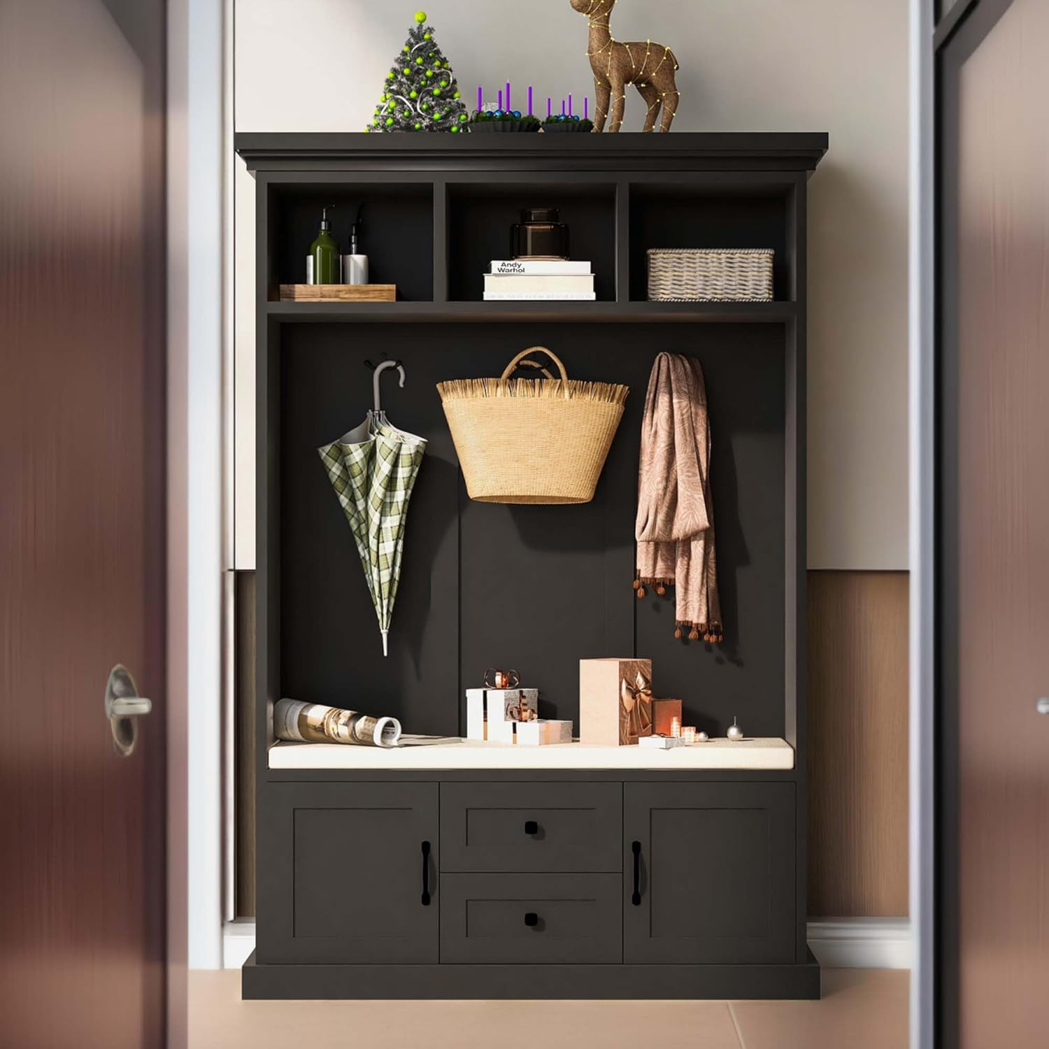 NicBex Hall Tree with Bench and Shoe Storage Hall Tree with 3 Hooks, Coat Hanger, Entryway Bench, Storage Bench, 3-in-1 Design, 47.2INCH
