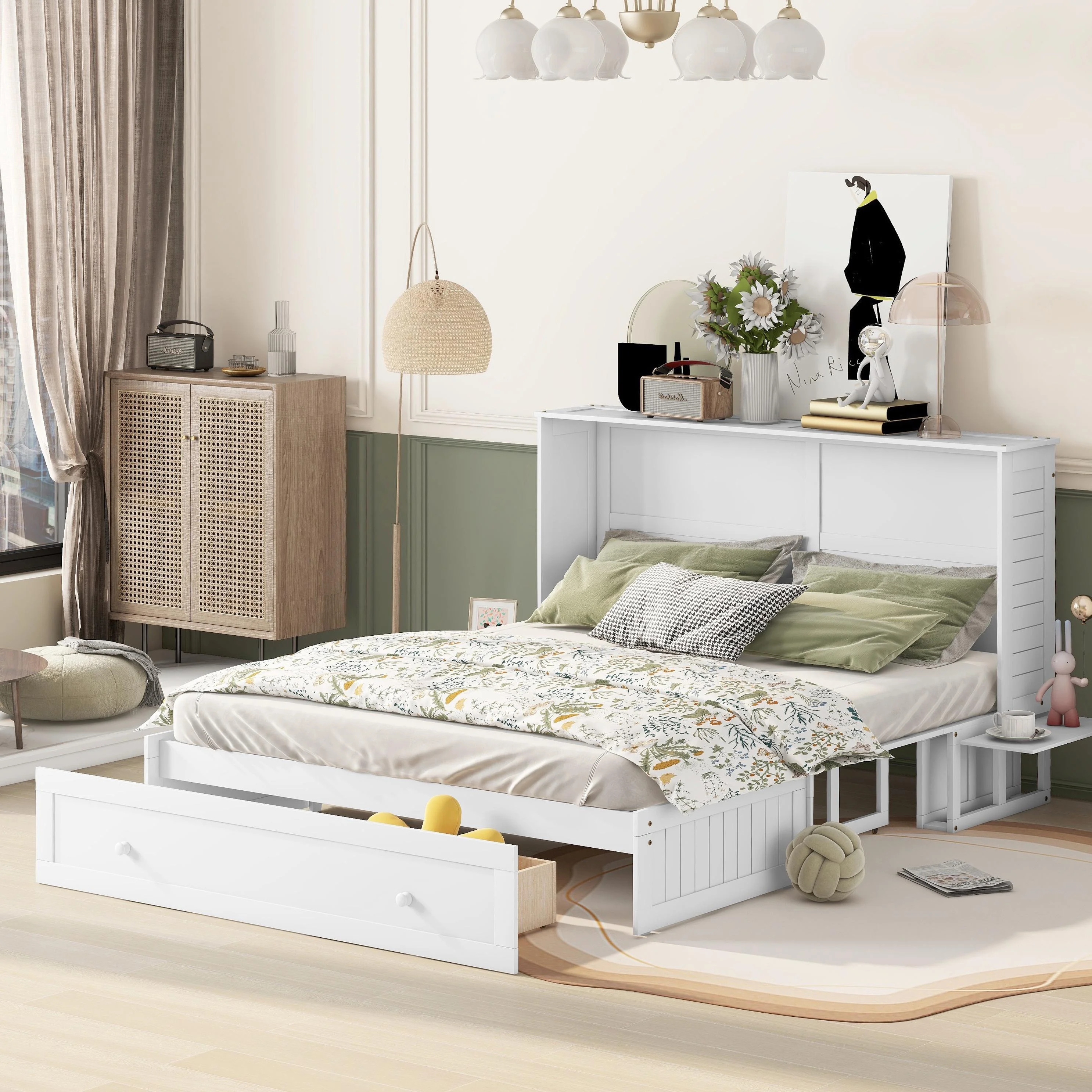 Bellemave Murphy Cube Cabinet Bed with Storage Drawer, Wood Queen Size Murphy Bed Cabinet with Side Little Shelves