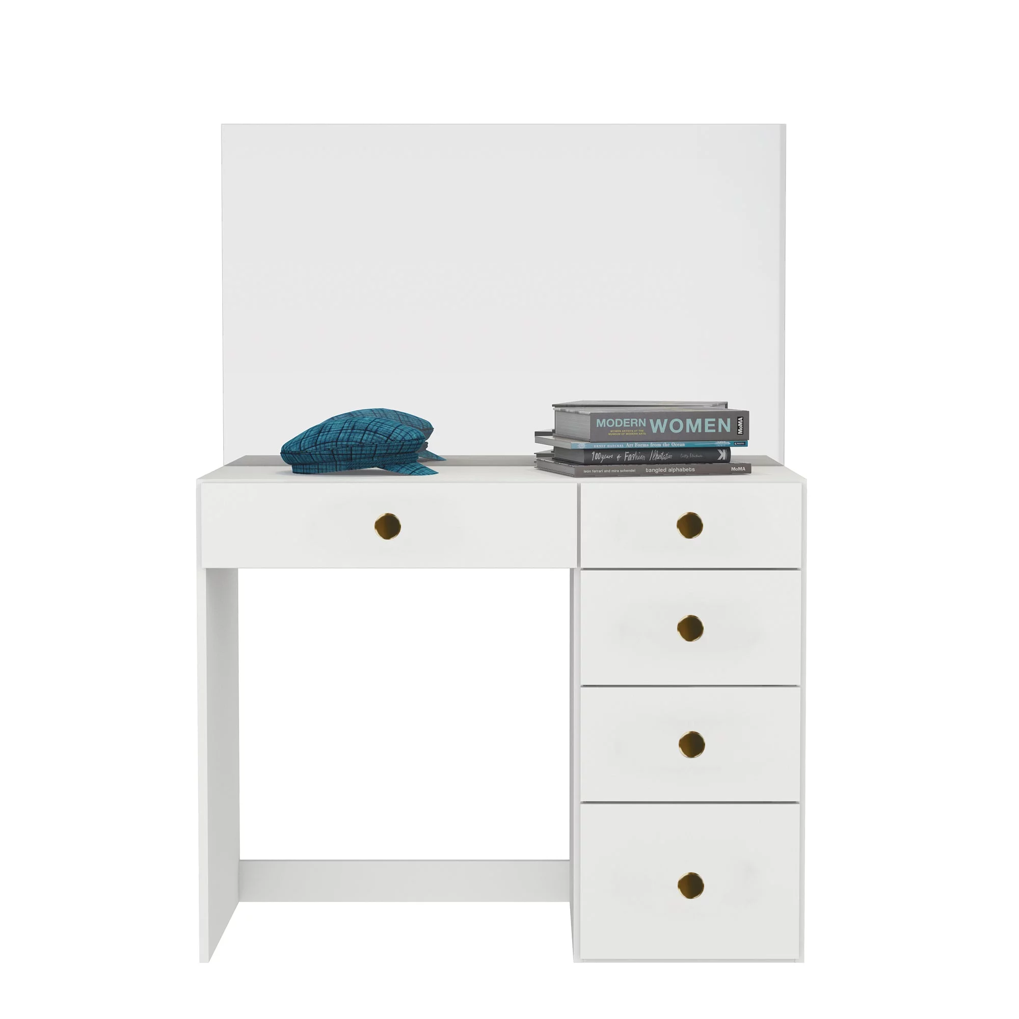 Boahaus Matilda Vanity Makeup Table with Mirror, Manufactured Wood, Golden Knobs, White