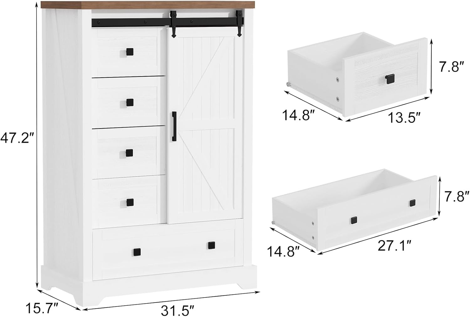 GAOMON Farmhouse 5 Drawers Dresser,47" Tall Chest of Drawers w/Sliding Barn Door, Rustic Wood Dressers Organizer w/Adjustable Shelves for Bedroom