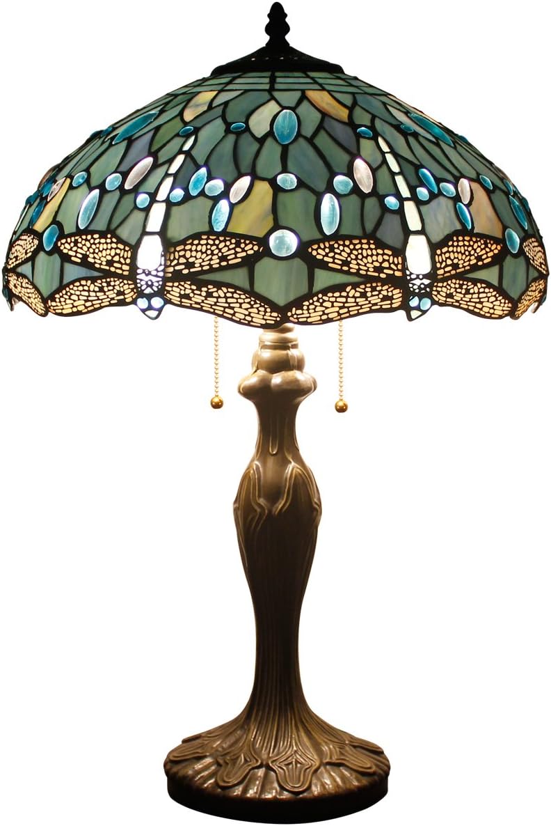 WERFACTORY Tiffany Lamp Sea Blue Stained Glass Bedside Table Lamp Dragonfly Style Desk Reading Light Metal Base 16X16X24 Inches Decor Bedroom Living