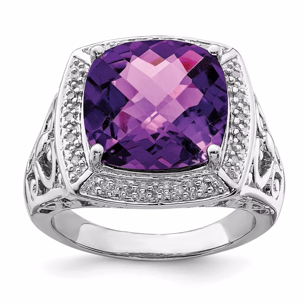 Sterling Silver Rhodium-plated Amethyst and Diamond Ring QQR4473AM-8